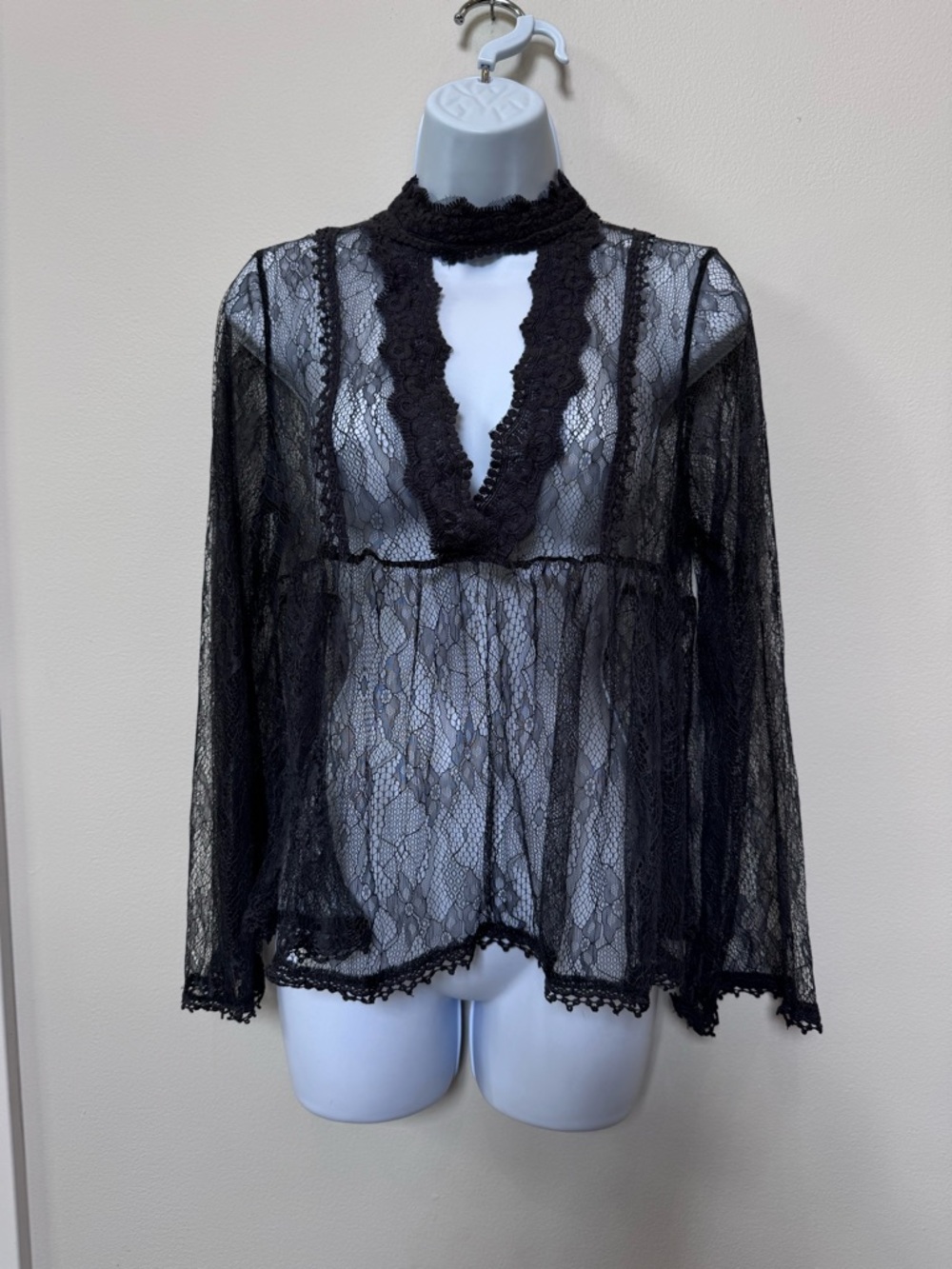 Altar’d State Black Sheer Lace Babydoll Top Mock Neck Peplum Keyhole Back S